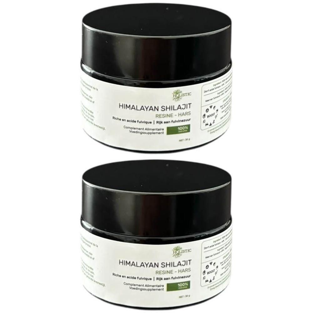 Twee zwarte potten met wit etiket. Opschrift: Himalayan Shilajit Résine. Groen gemarkeerd: 100%.