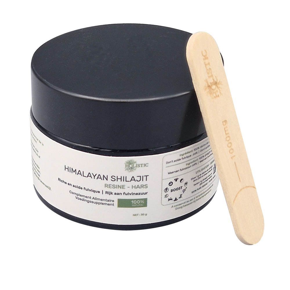 Zwarte pot met wit etiket en houten spatel. Opschrift: Himalayan Shilajit Résine. Groen gemarkeerd: 100%.