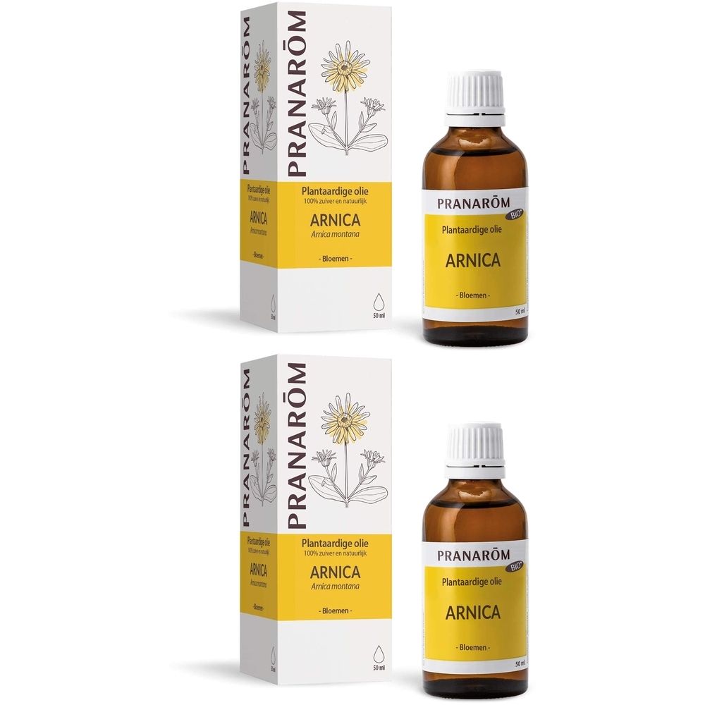 Fles en verpakking. Opschrift: Pranarôm, Arnica. Geel etiket, witte doos.