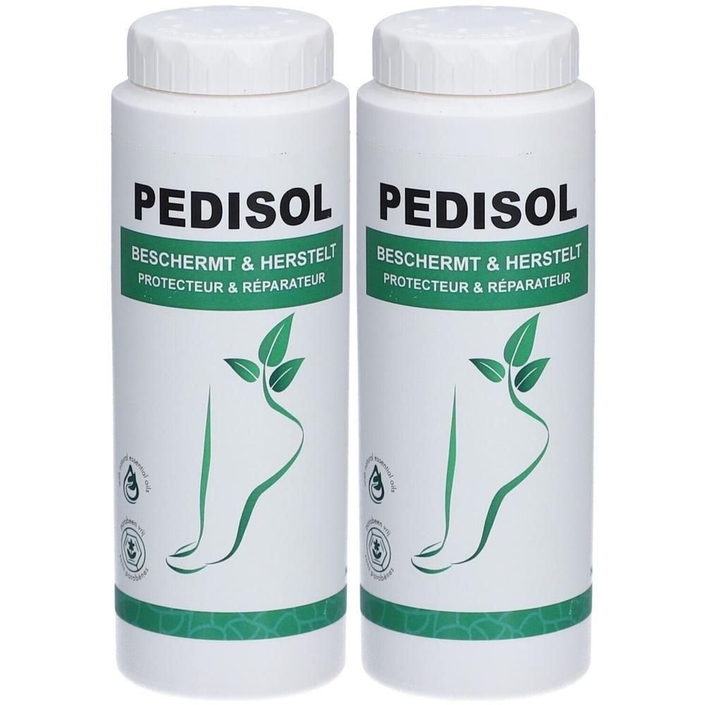 Twee witte flessen met groen etiket. Opschrift: PEDISOL, BESCHERMT & HERSTELT, PROTECTEUR & RÉPARATEUR. Voet-illustratie.