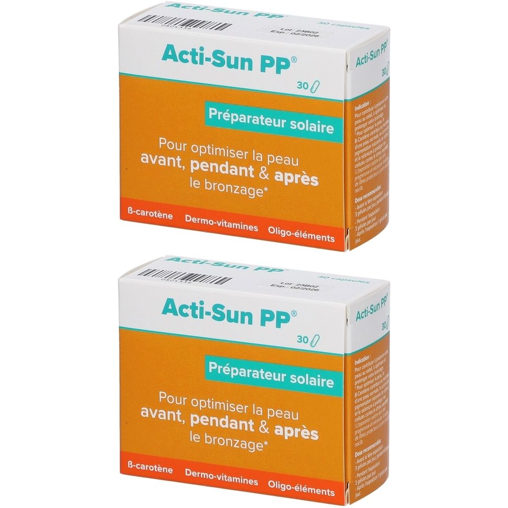 Twee dozen Acti-Sun PP. Witte dozen met oranje vlak en tekst. Opschrift: Préparateur solaire, 30.