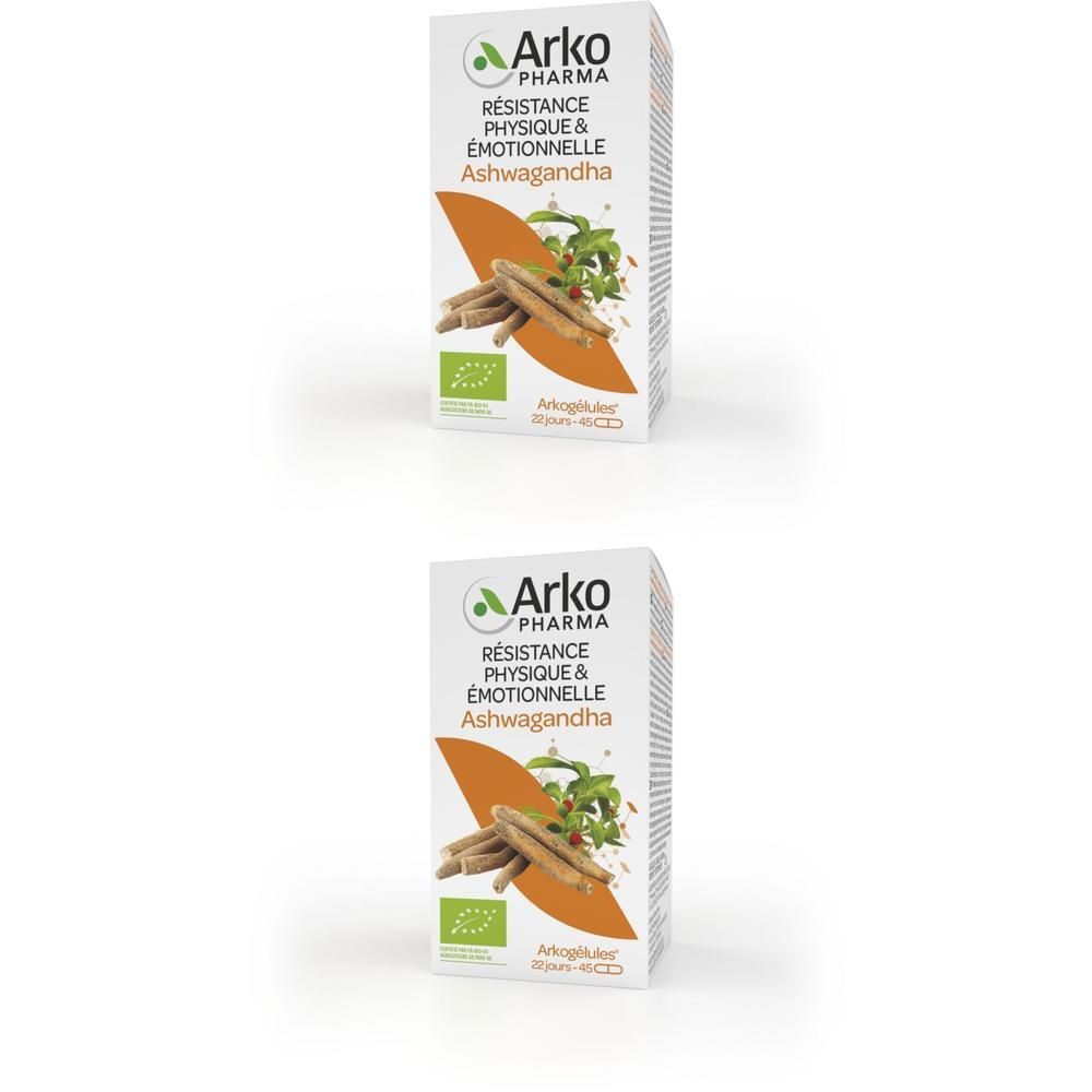 Boîte Arkogélules Ashwagandha Bio. Carton blanc avec accent orange. Visuel produit et texte.
