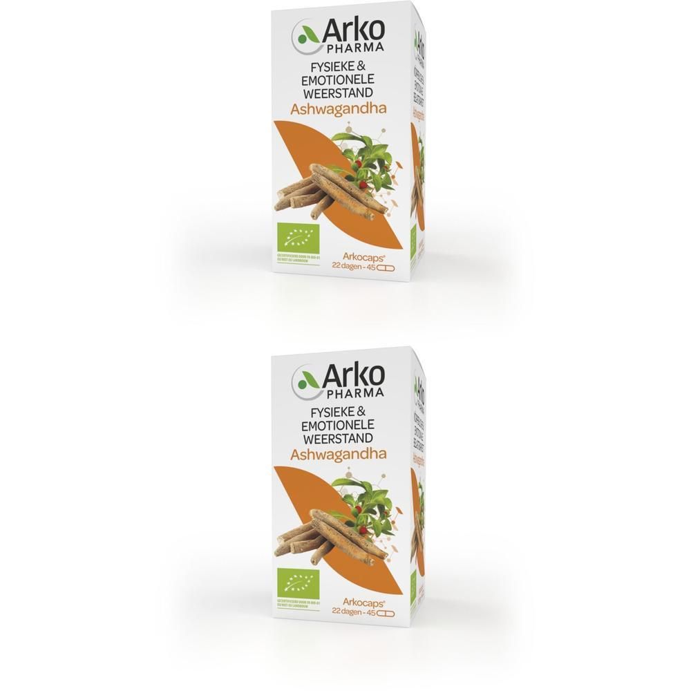 Verpakking Arkogélules Ashwagandha Bio. Witte doos met oranje accent. Productafbeelding en tekst.