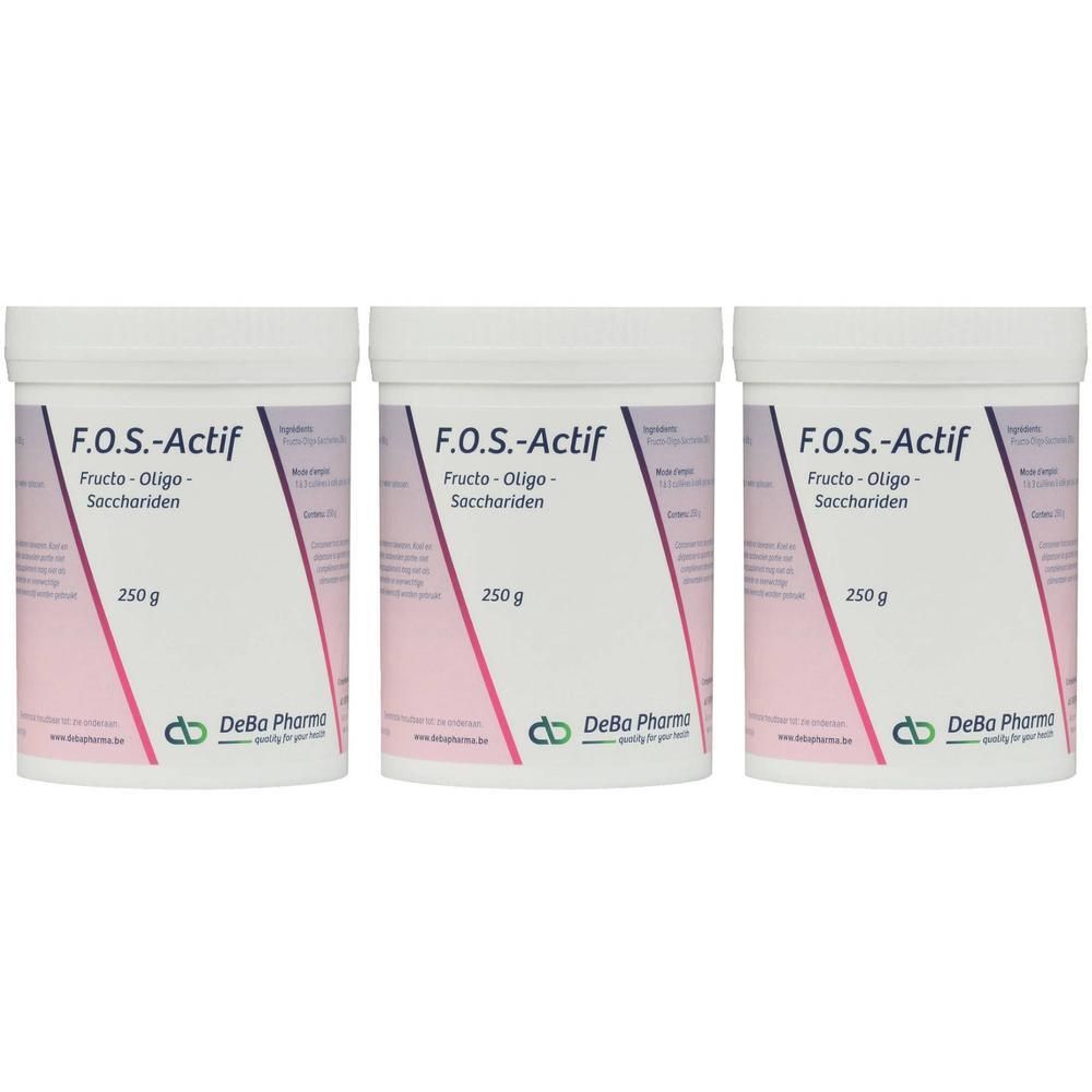 Drie witte potten met etiketten. Opschrift: F.O.S.-Actif, Fructo-Oligo-Sacchariden, 250 g. Logo DeBa Pharma.
