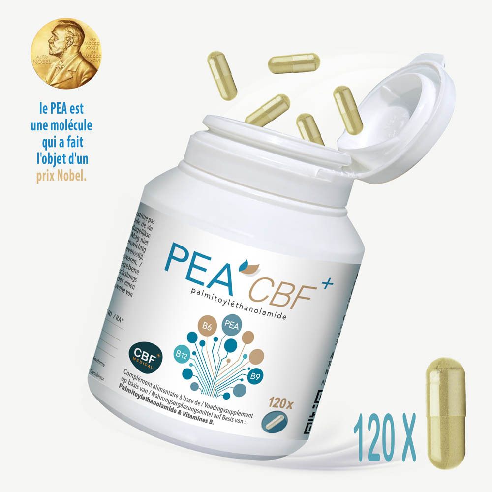 Flacon blanc PEA CBF+ avec couvercle ouvert. Quelques gélules tombent. Inscription : Palmitoyléthanolamide. 120x.