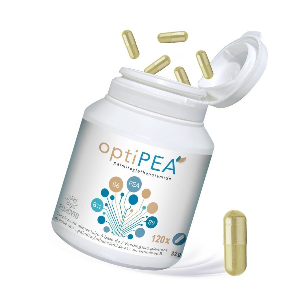 Witte fles OptiPEA met open deksel. Enkele capsules vallen eruit. Opschrift: Palmitoylethanolamide. 120x.
