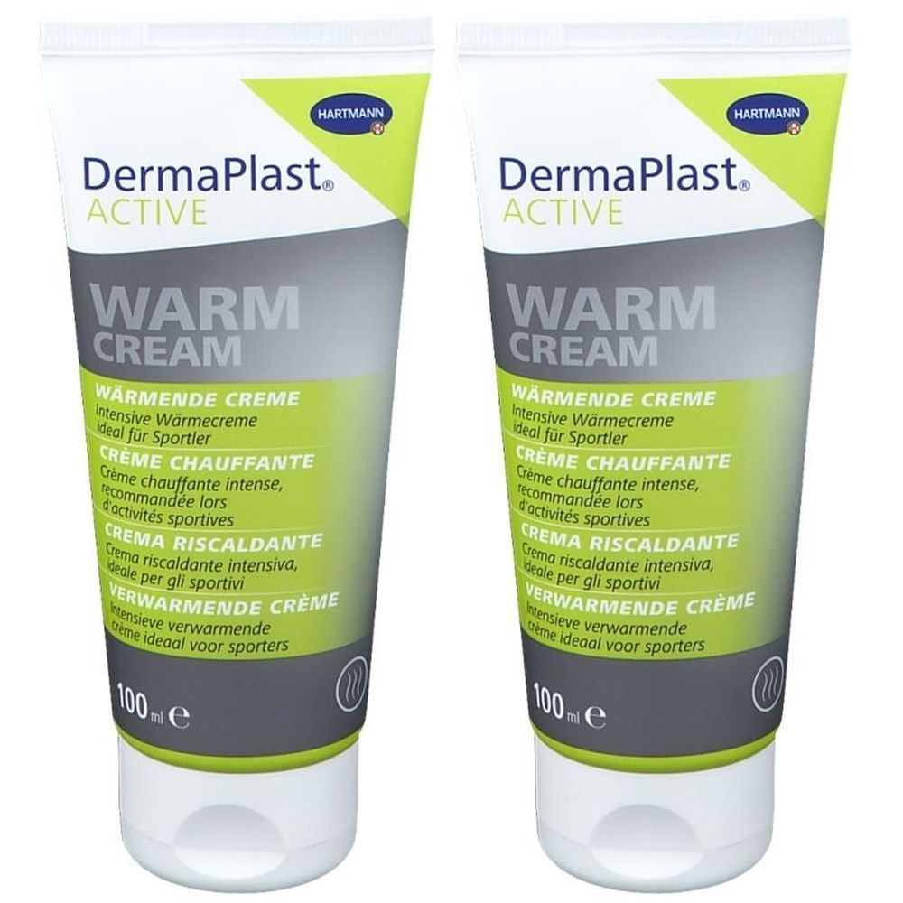 Deux tubes de crème chauffante Dermaplast Active. Emballage blanc et vert avec nom du produit et texte multilingue. 100 ml.