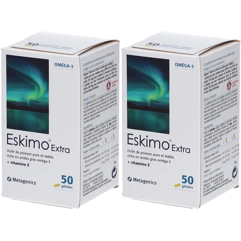 Deux boîtes d'Eskimo Extra. Emballage blanc avec nom du produit, logo Oméga-3 et 50 gélules. Logo Metagenics.