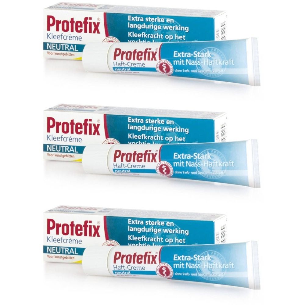 Trois tubes et boîtes. Inscription : Protefix Kleefcrème Neutral. Extra-Stark mit Nass-Haftkraft. Emballage bleu et blanc.