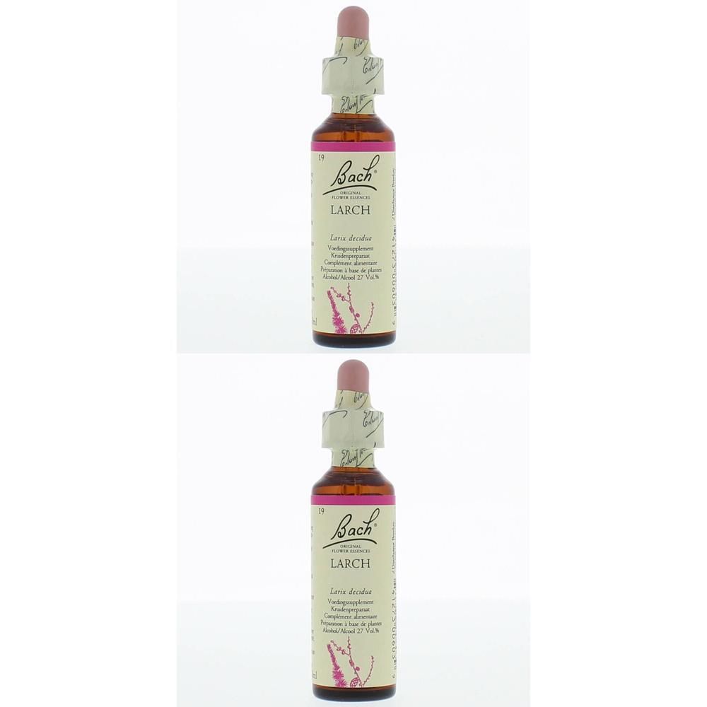 Twee flesjes met roze dop. Opschrift: Bach Larch. Etiket met tekst en bloemmotief.