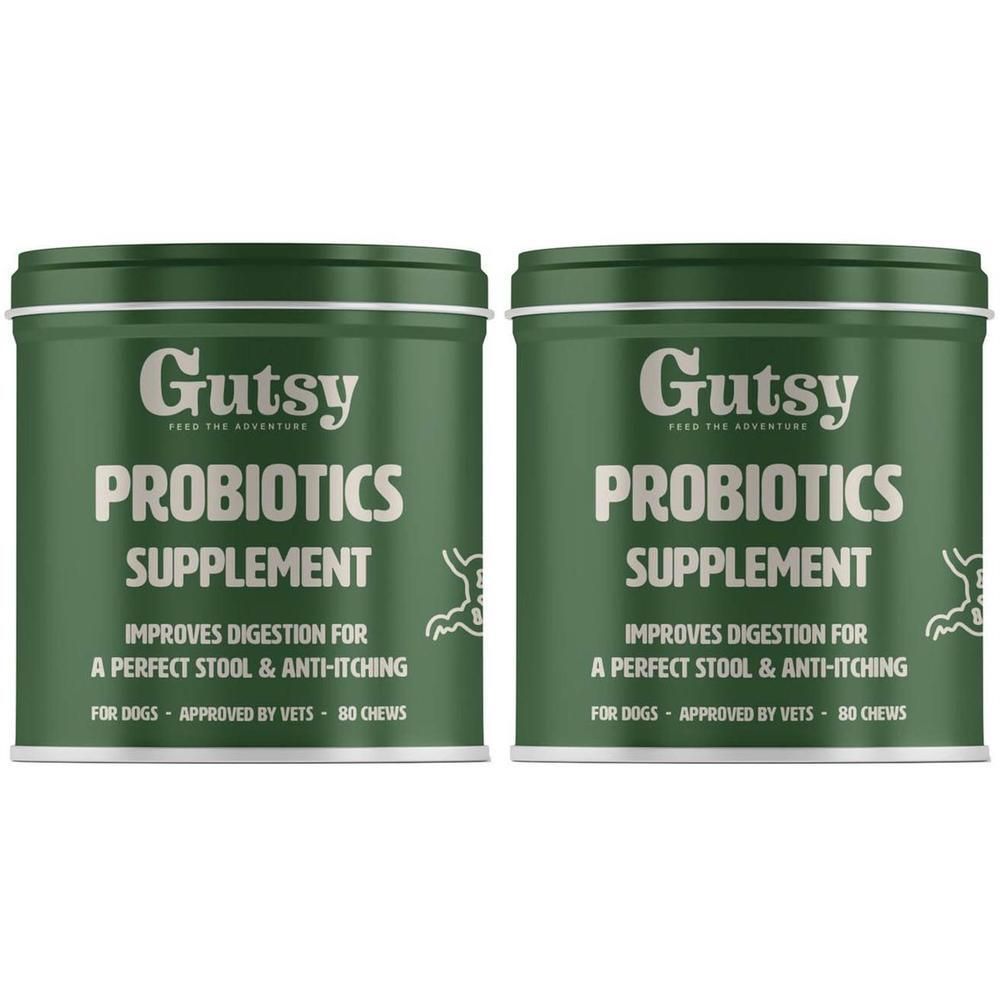 Deux boîtes vertes avec texte blanc. Inscription : Gutsy Probiotics Supplement. Améliore la digestion pour des selles parfaites et anti-démangeaisons.