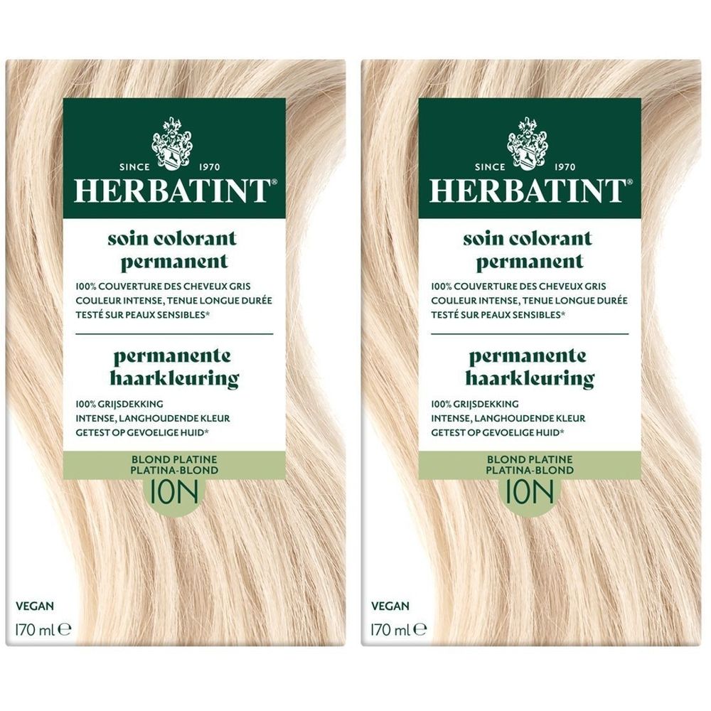 Deux boîtes de Herbatint Soin Colorant Permanent 10N Blond Platine. Inscriptions: Vegan, 170 ml. Produit pour cheveux colorés.