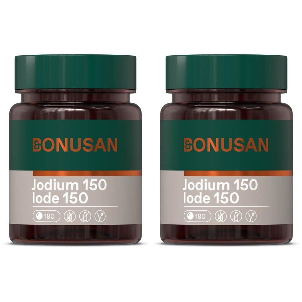 Twee bruine flessen met groene deksels. Opschrift BONUSAN, Jodium 150, Iode 150. Met symbolen en het getal 180.