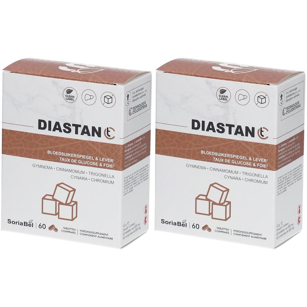 Twee witte dozen met bruine deksels. Opschrift: DIASTAN, SoriaBel, 60 tabletten. Tekst in het Frans en Nederlands.