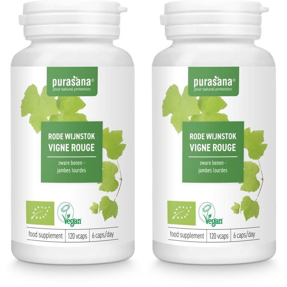 Twee witte flessen met groene etiketten. Opschrift: PURASANA Vigne rouge. Vegan-label.