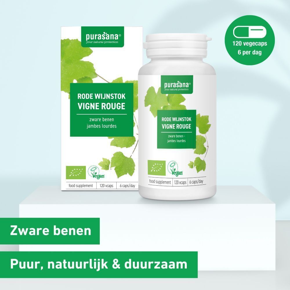 Een fles en een doos. Opschrift: PURASANA Vigne rouge. Vegan-label. Tekst: Zware benen.