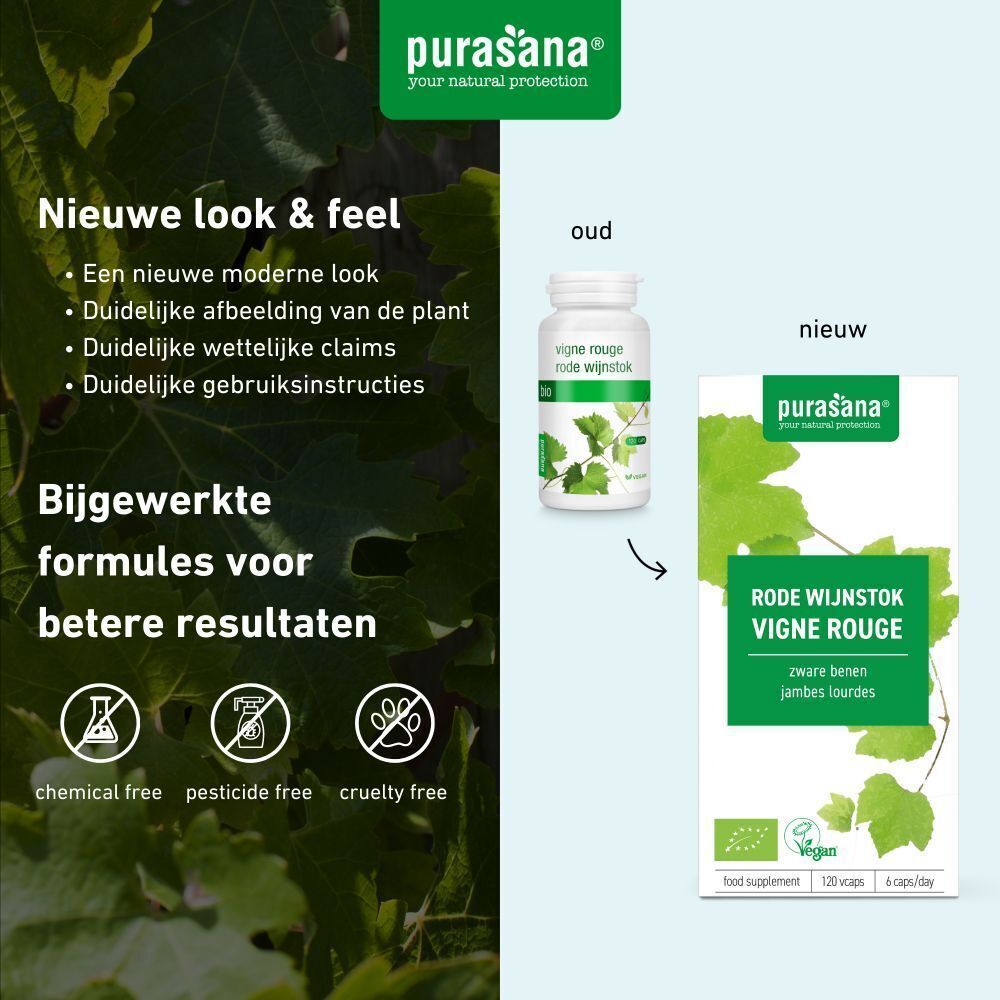 Vergelijking van oude en nieuwe verpakking. Opschrift: PURASANA Vigne rouge. Vegan-label. Tekst: Nieuwe look & feel.