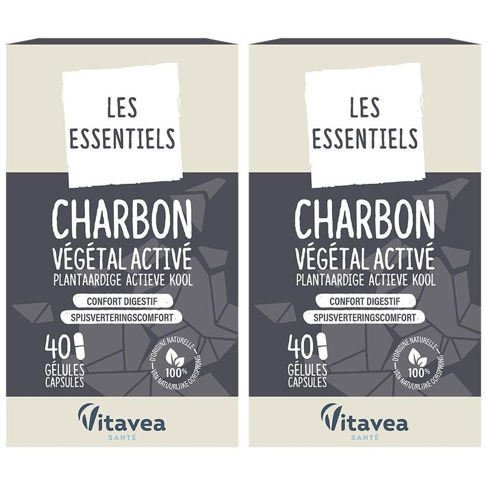 Twee dozen met "LES ESSENTIELS CHARBON VÉGÉTAL ACTIVÉ". Bevat 40 capsules. Merk Vitavea. Label "Origine Naturelle". 