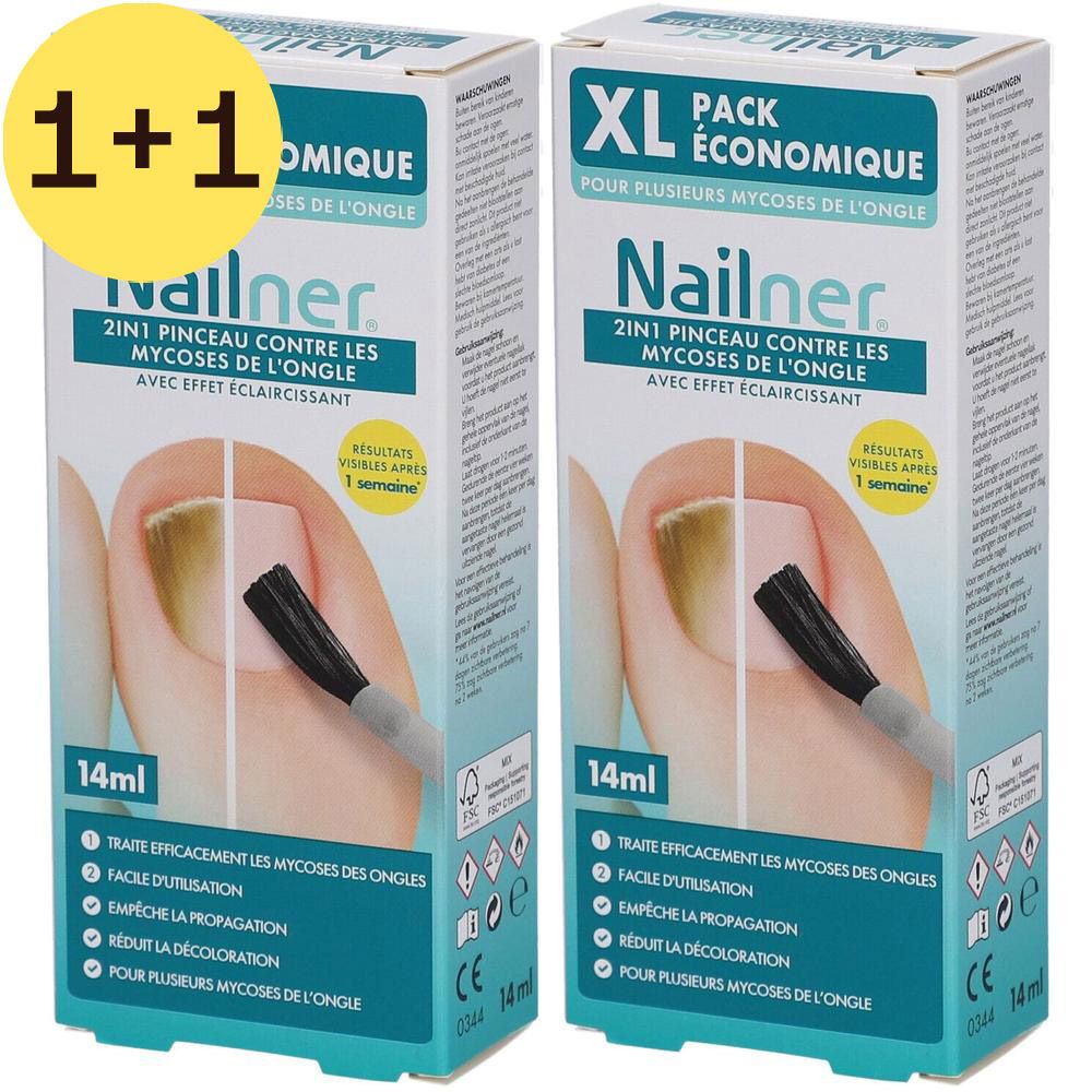 Twee dozen Nailner 2 in 1 penseel tegen schimmelnagels. Opschrift: XL Pack économique. Bevat 14ml. Illustratie van een nagel.