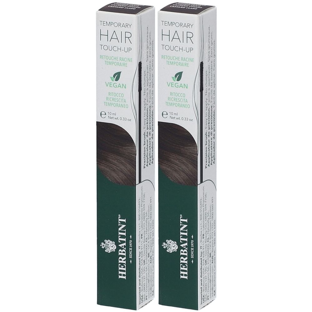 Deux boîtes de Herbatint Hair Touch Up. Inscription: Temporary Hair Touch-Up, Vegan. Teinte: Châtain Clair. Avec applicateur.