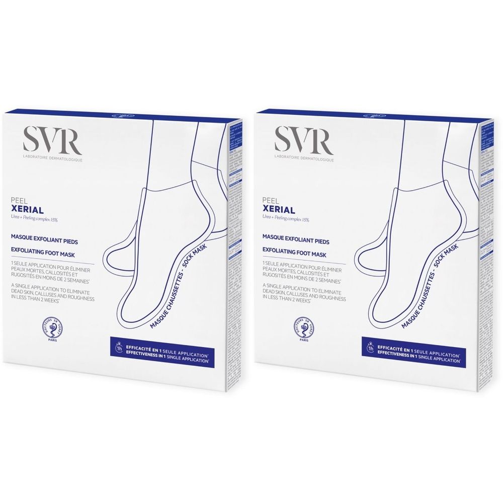 Deux boîtes blanches avec texte bleu. Inscription: SVR, Xérial Peel, Masque Exfoliant Pieds. Illustration d'un pied.