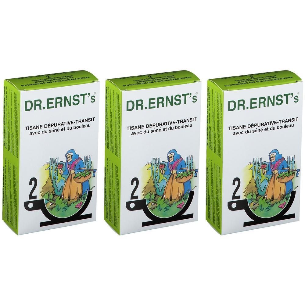 Drie groene dozen. Opschrift: DR.ERNST'S, TISANE DÉPURATIVE-TRANSIT, met illustratie. Nummer 2.