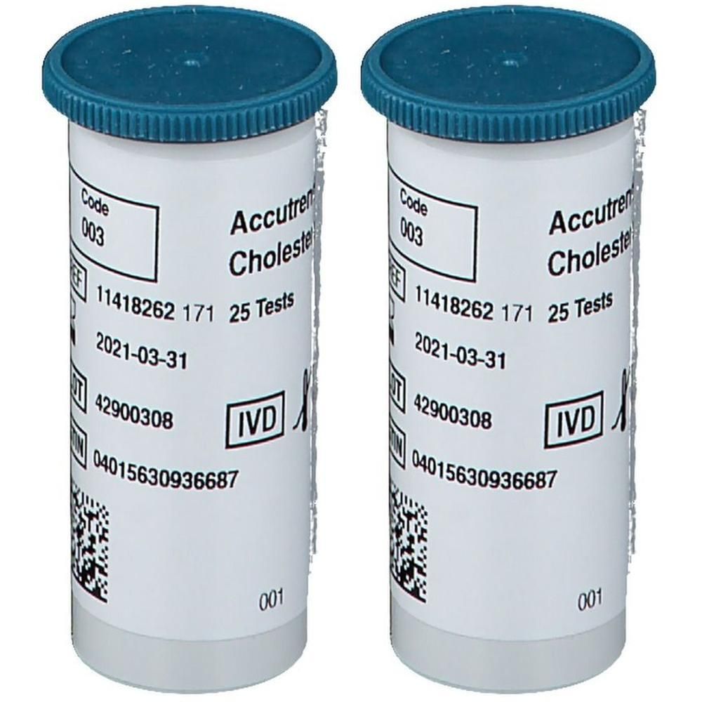 Deux flacons cylindriques avec couvercles bleus. Inscription: Accutrend Cholestérol, 25 tests, symbole IVD. Code 003, date d'expiration 2021-03-31.