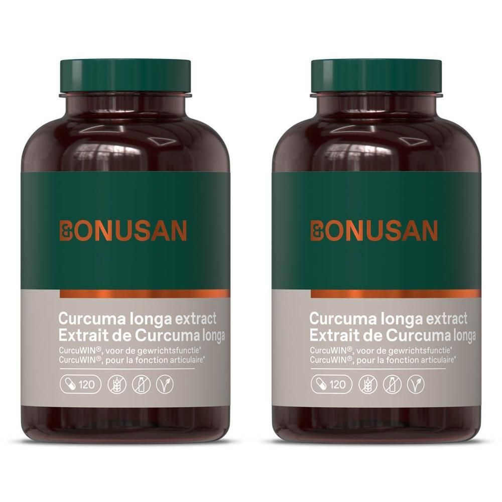 Twee bruine flessen met groen etiket. Op het etiket staat "BONUSAN" en "Curcuma longa extract".