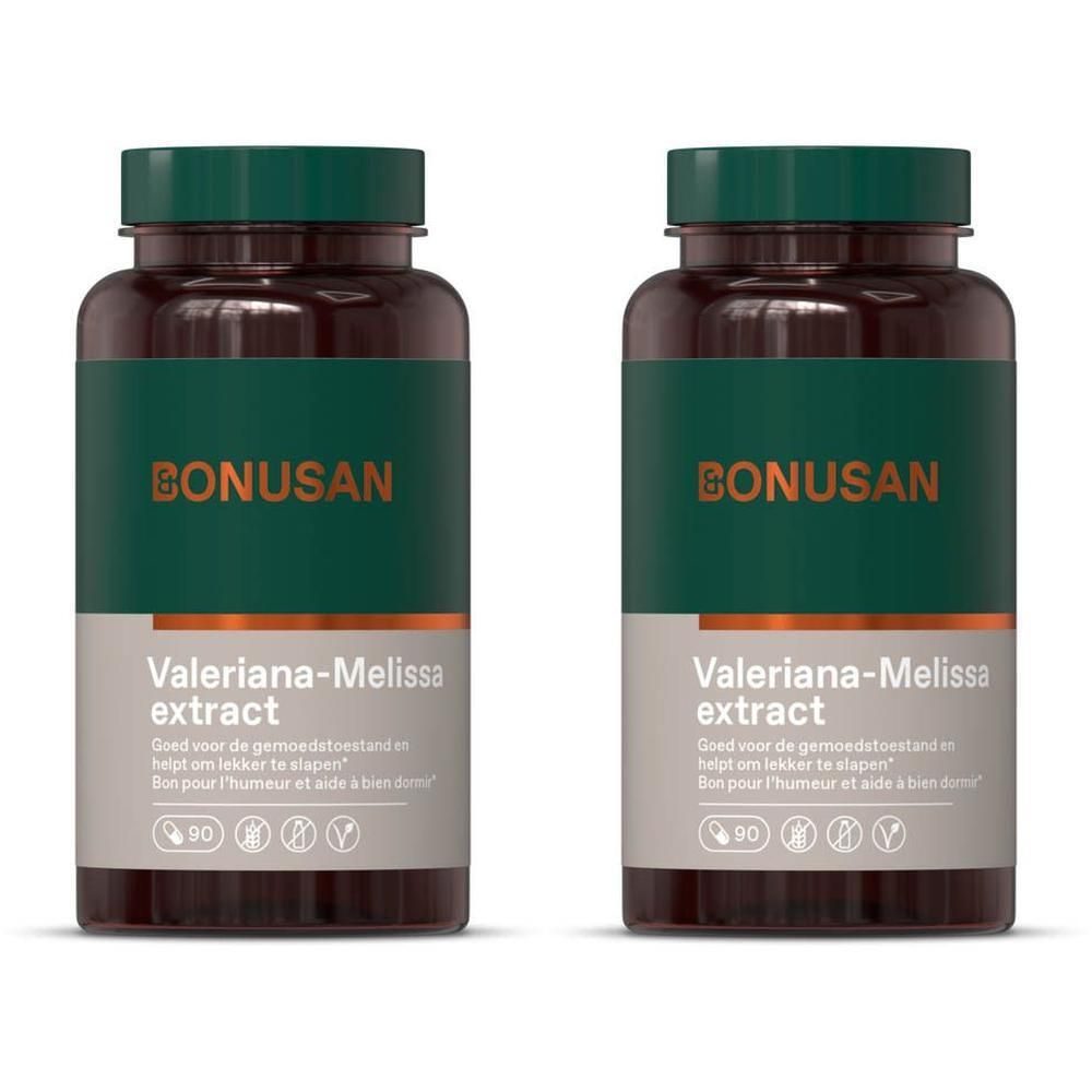 Deux flacons bruns avec étiquette verte. Inscription: BONUSAN, Valeriana-Melissa extract. 90 gélules. Symbole végan.
