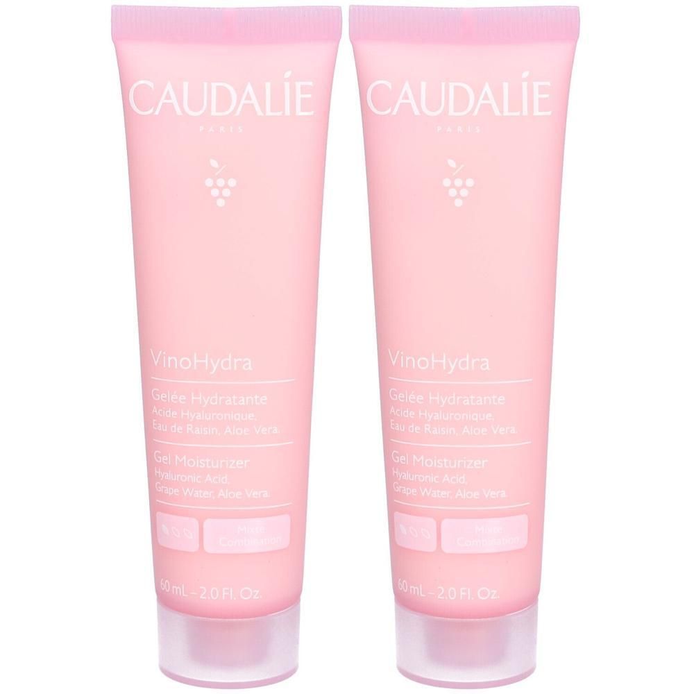 Deux tubes roses de Caudalie VinoHydra Gelée Hydratante. Inscription: VinoHydra, Gelée Hydratante, 60 ml.