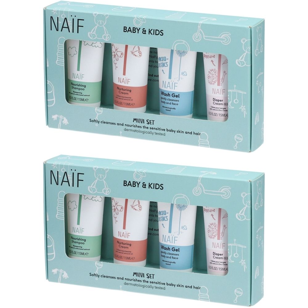 Deux coffrets Naïf Baby & Kids Mini Set. Chaque coffret contient quatre tubes dans une boîte bleu clair. Inscriptions : Naïf, Baby & Kids, Mini Set.