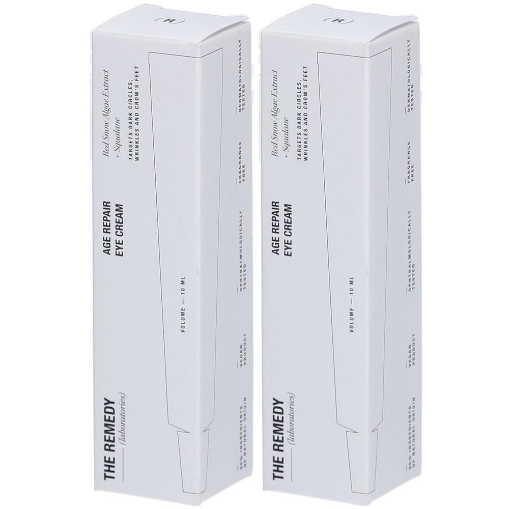 Twee witte dozen met 'AGE REPAIR EYE CREAM'. Tekst: 'THE REMEDY (laboratories)'. Bevat 10 ml.