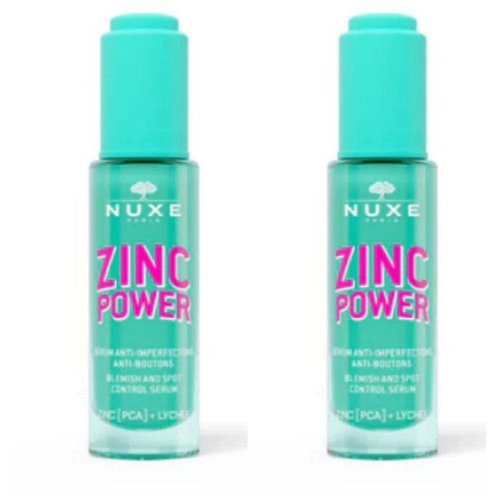 Deux flacons de sérum Nuxe Zinc Power. Flacons turquoise avec bouchons turquoise. Inscription : ZINC POWER en rose.