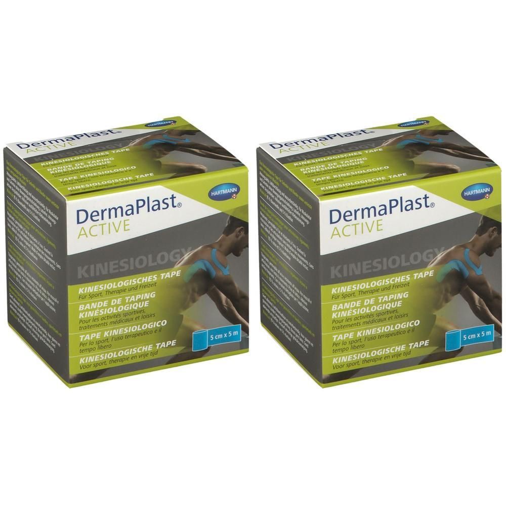 Deux boîtes de Dermaplast Active Kinesiology Tape. Inscription : Kinesiology Tape, 5cm x 5m. Emballage vert-gris avec image d'un sportif.