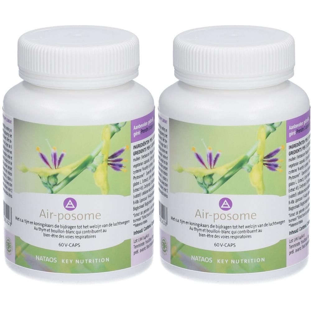Twee witte pillenflessen met schroefdop. Op de etiketten staat "Air-posome" en "NATAOS KEY NUTRITION".