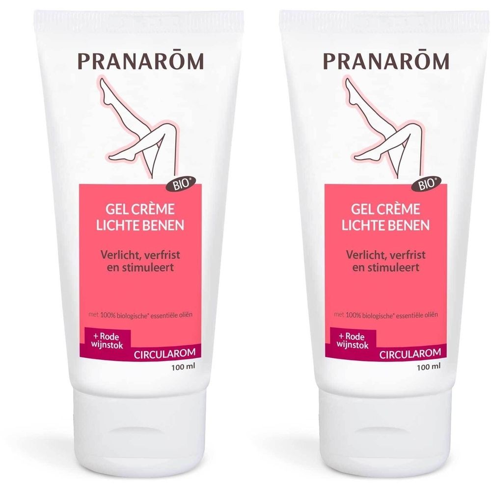 Twee tubes Pranarôm Gel Crème Lichte Benen. Wit, roze tekst. Bio-logo. Illustratie van benen.