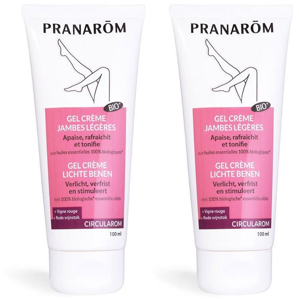 Twee tubes gel-crème, wit met roze etiket. Opschrift: PRANAROM, Gel Crème Jambes Légères, BIO-label, illustratie been.