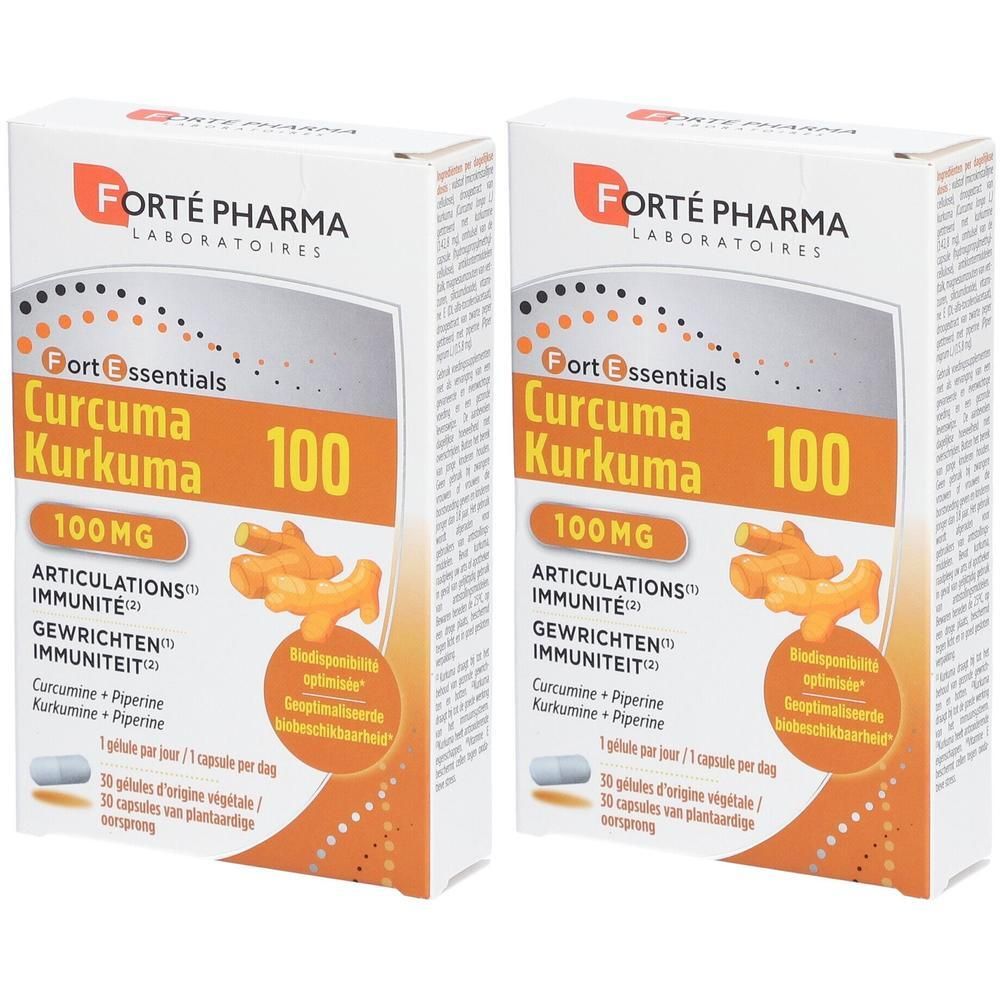 Twee witte dozen met "Forté Pharma Curcuma 100". Oranje accenten. Bevat capsules.