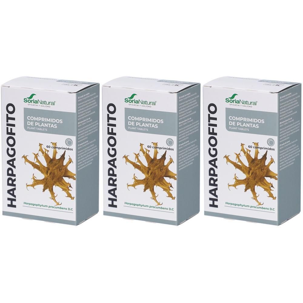Drie dozen met de productnaam HARPAGOFITO. Op elke doos staat 'Soria Natural' en 'Comprimidos de Plantas'.