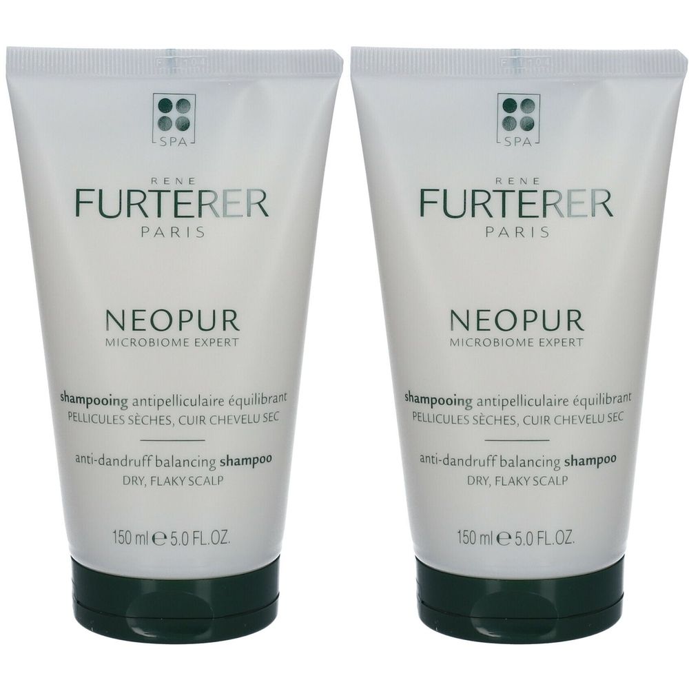 Deux tubes blancs avec bouchon vert. Inscription: René Furterer Paris, Neopur, shampooing antipelliculaire.