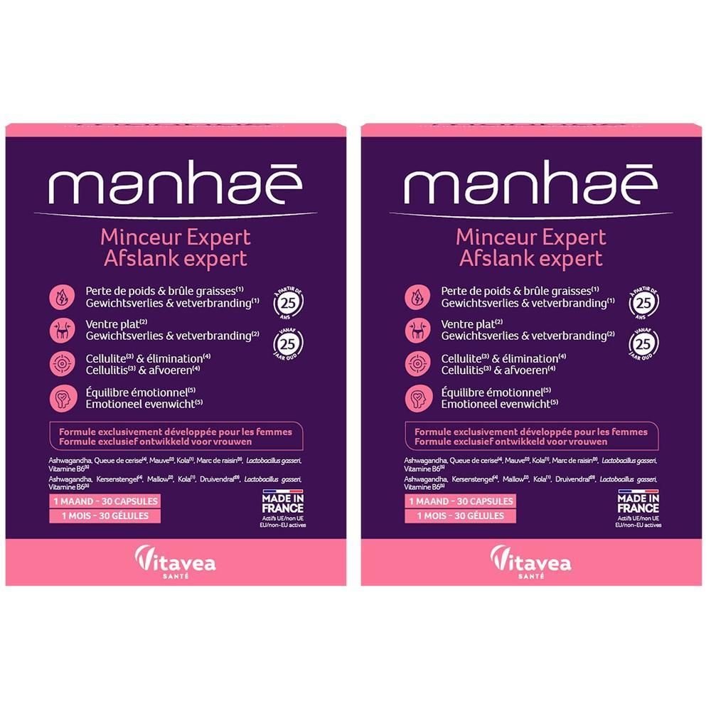 Deux boîtes Manhaé Expert Minceur. Design violet et rose avec informations produit et logo.