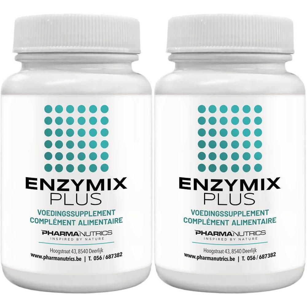 Twee witte flessen met schroefdop. Op de etiketten staat ENZYMIX PLUS, VOEDINGSSUPPLEMENT, COMPLÉMENT ALIMENTAIRE en PHARMANUTRICS.