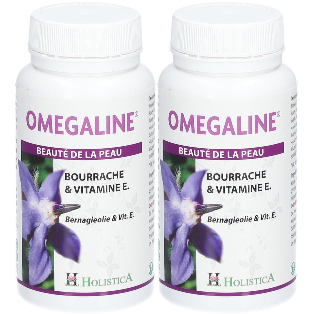 Twee witte flessen met schroefdop. Opschrift: Omegaline, Beauté de la peau, Bernagieolie & Vit. E. Merk: Holistica.