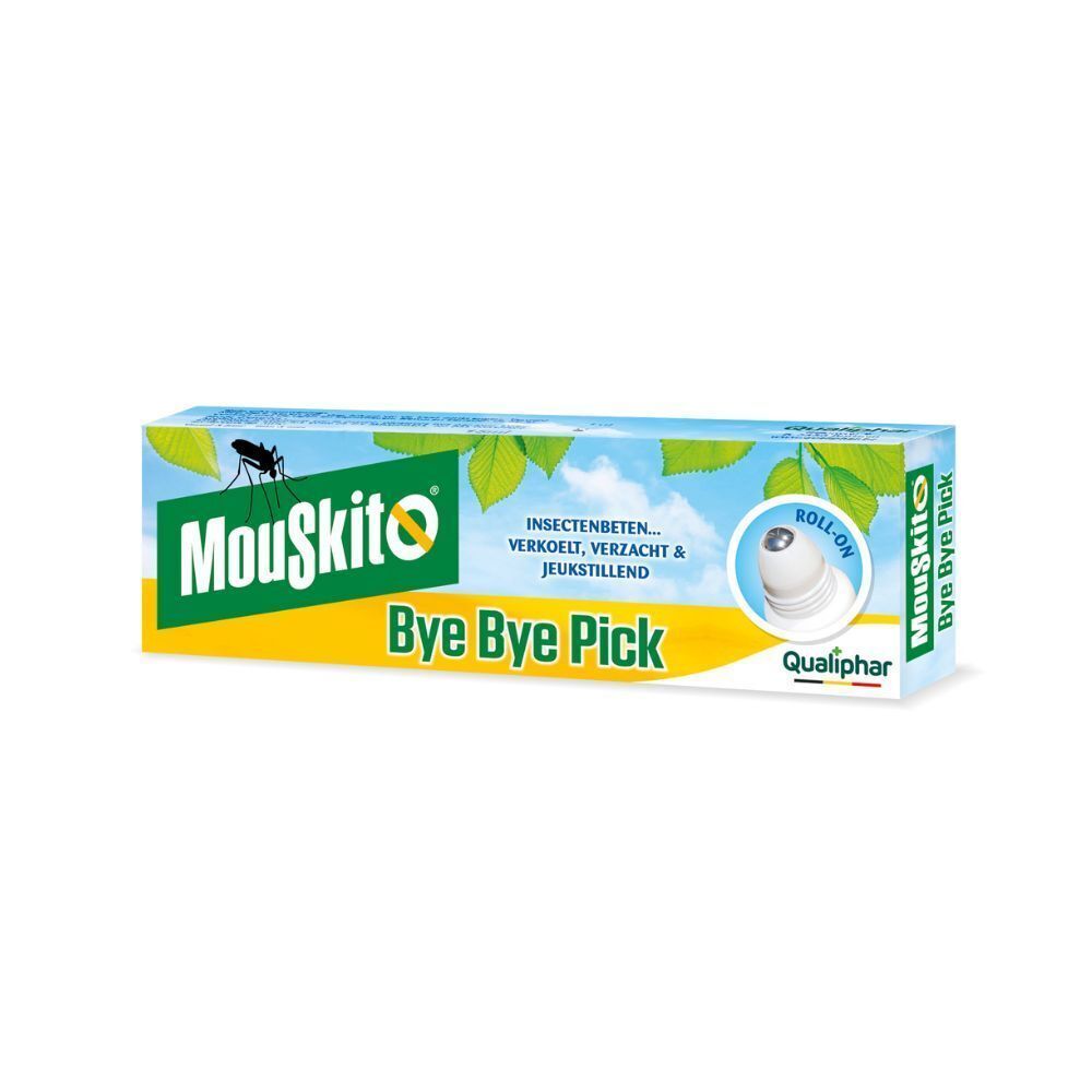 Enkele verpakking met roller na insectenbeten. Groene en blauwe verpakking met productnaam en roll-on applicator.