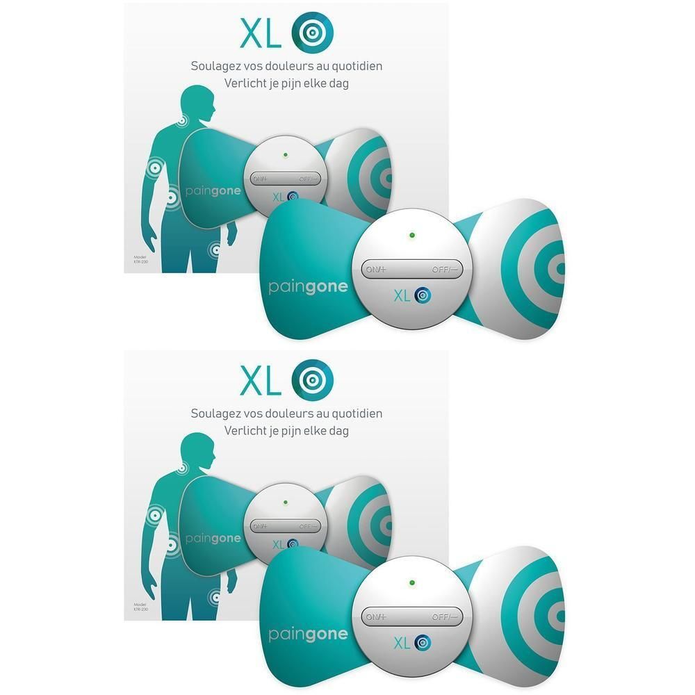 Twee Paingone XL-apparaten. Blauw-wit, rond ontwerp met doelpatroon. Tekst: "Soulage vos douleurs au quotidien". Verticht je pijn elke dag.