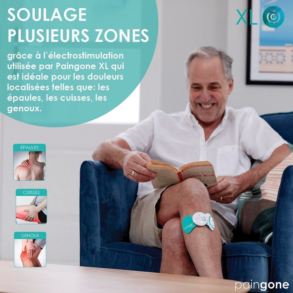 Homme assis, lisant. Paingone XL sur le genou. Texte: "Soulage plusieurs zones". Illustrations: épaule, cuisse, genou.