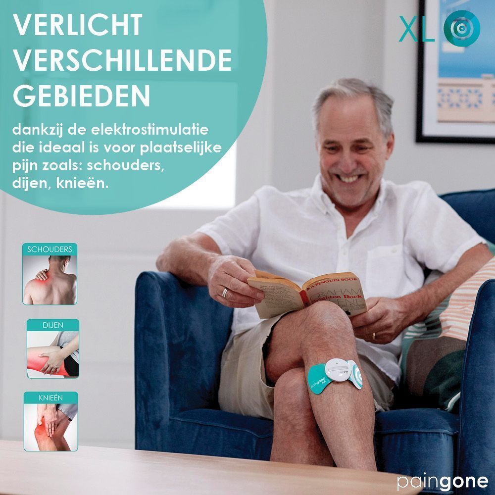 Man zit, leest. Paingone XL op de knie. Tekst: "Verlicht verschillende gebieden". Illustraties: schouder, dij, knie.