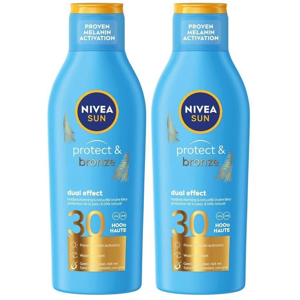 Deux flacons bleus NIVEA Sun Protect & Bronze Lait Protecteur SPF30. Bouchon jaune, texte visible.