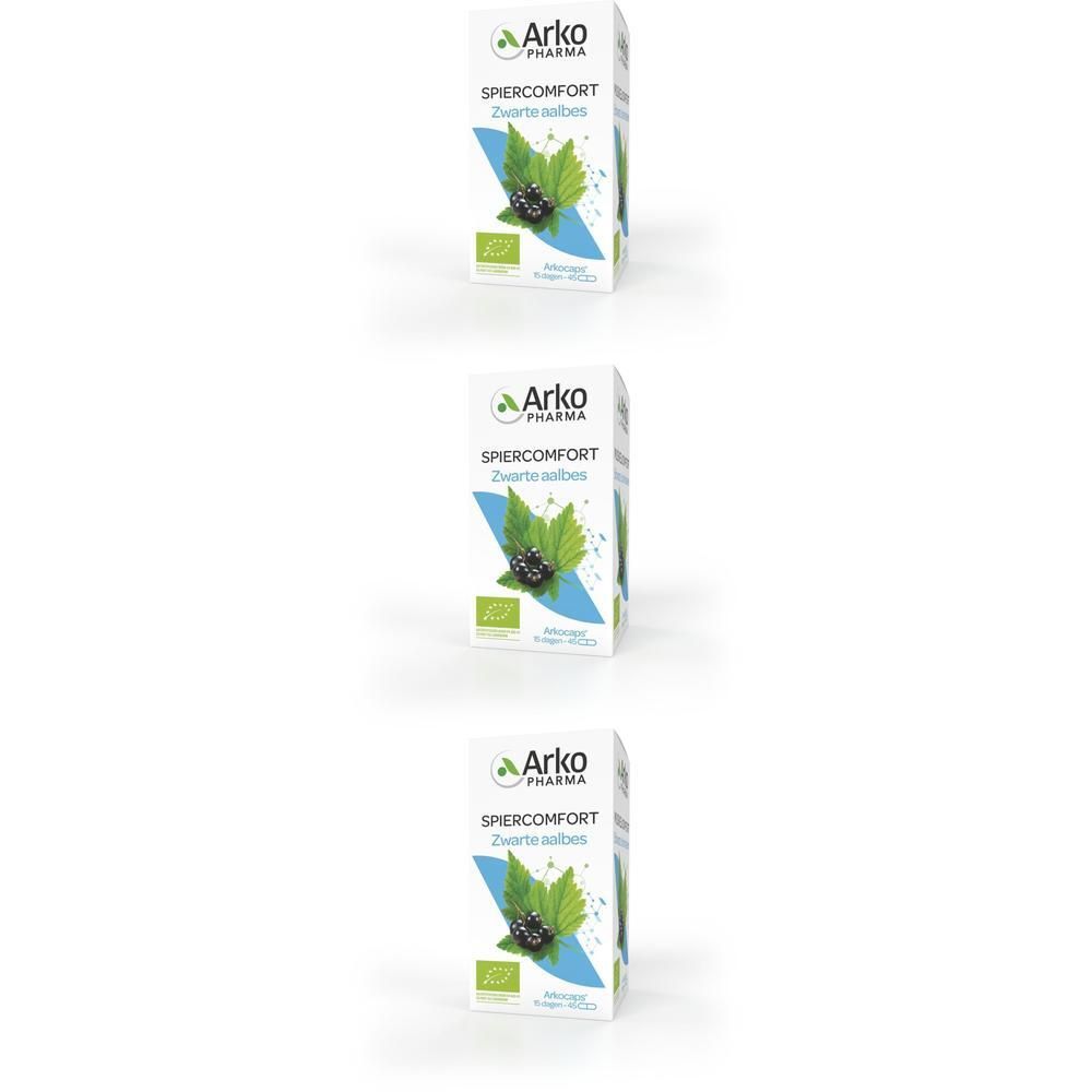 Drie dozen Arkogelules Cassis Bio. Op elke doos: logo, productnaam, bladeren, bessen, bio-label.