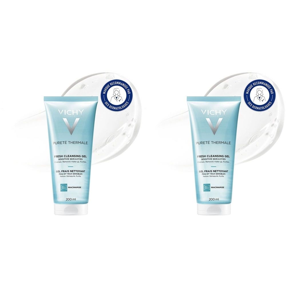Twee tubes reinigingsgel. Lichtblauw, witte dop. Merk Vichy. Tekst: Pureté Thermale, Fresh Cleansing Gel.